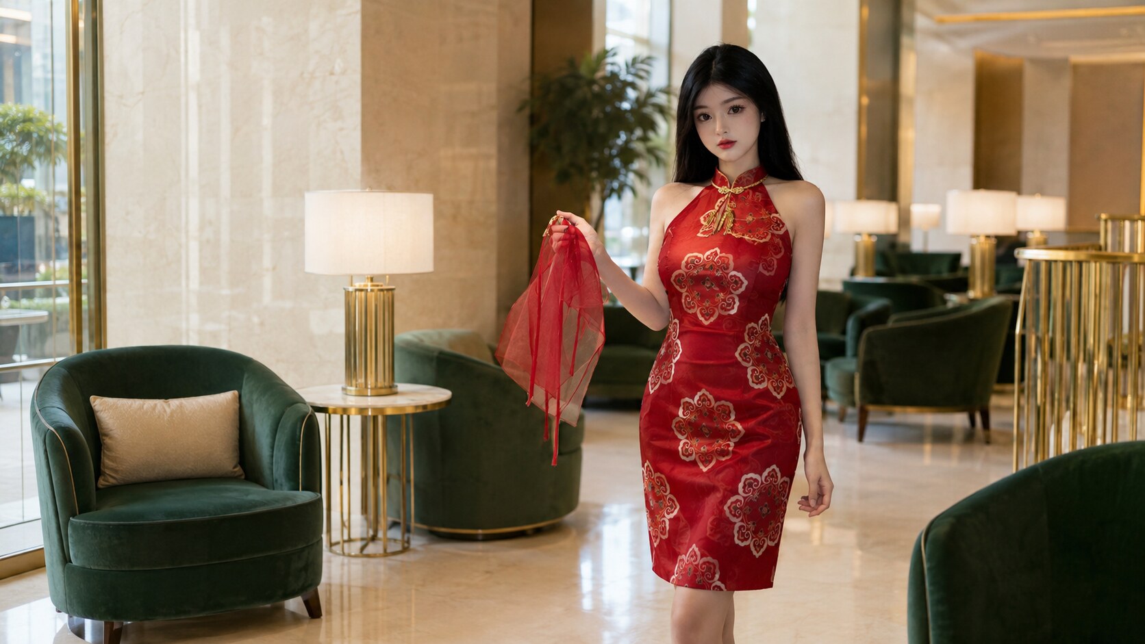 Perempuan dewasa dengan busana merah di lounge hotel terang
